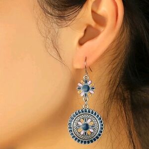 Western Boho Floral statement earrings silver blue dangle Jewelry💖 2/$30
